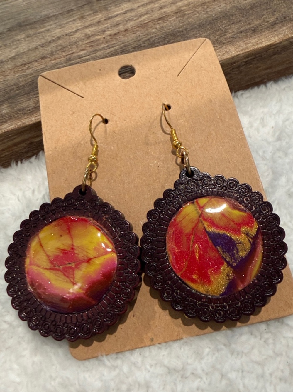 Handmade Red and Yellow Floral Resin Drop Earrings with Dark Scalloped Frame